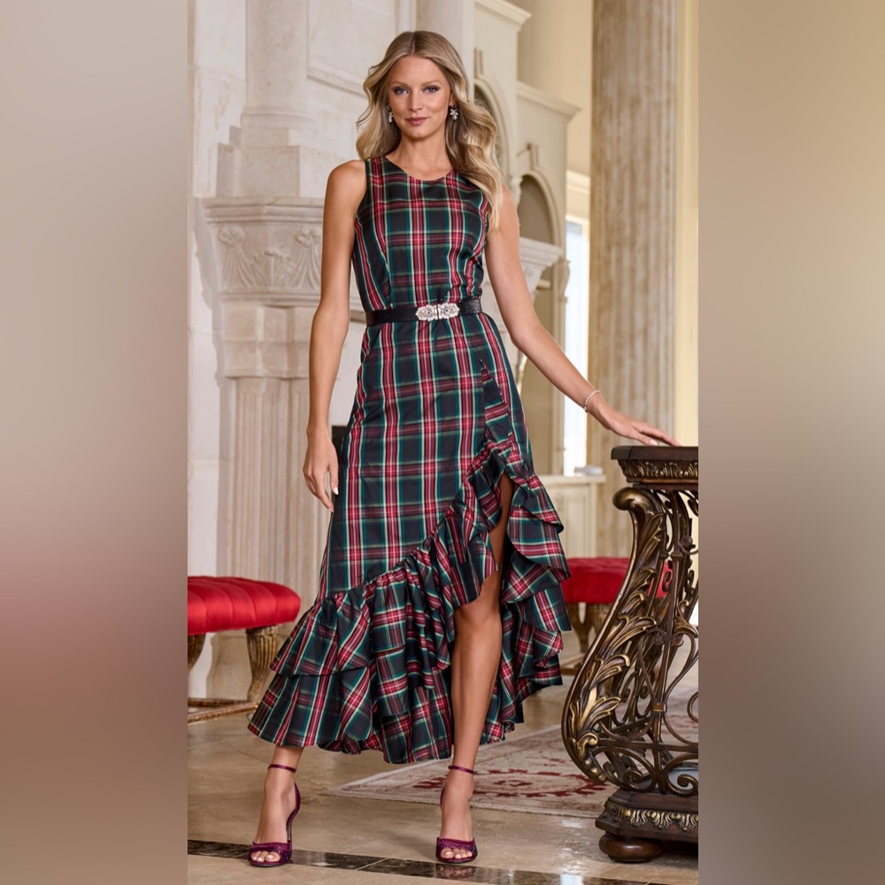 NWT Boston Proper High Neck Plaid Ruffle Gown